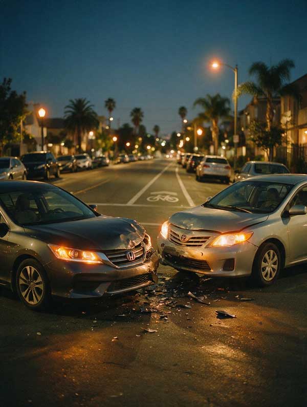 Roseville car accident lawyers Gingery Hammer & Associates — front-end collision between two cars at a city intersection at dusk