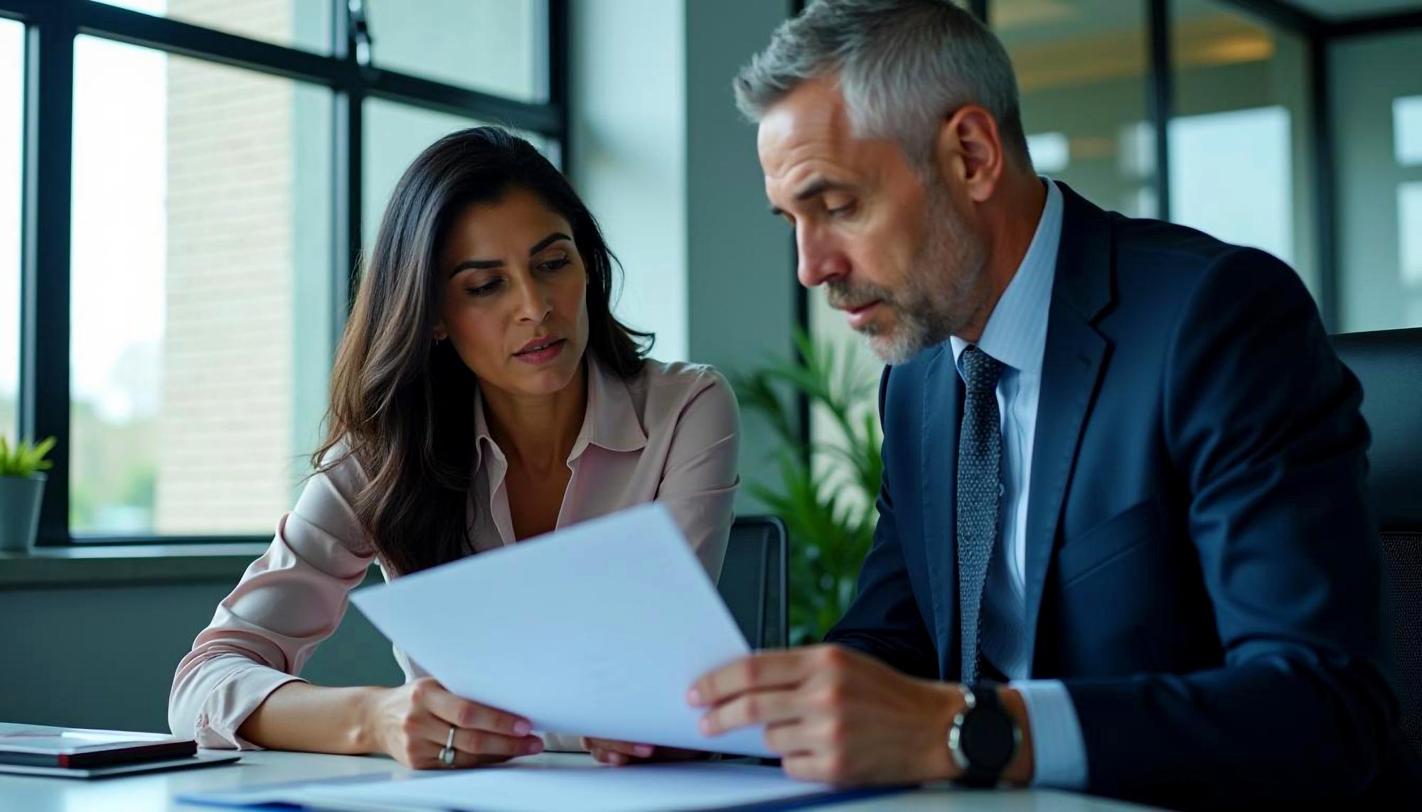 Lawyer and client reviewing paperwork after an insurance claim denial
