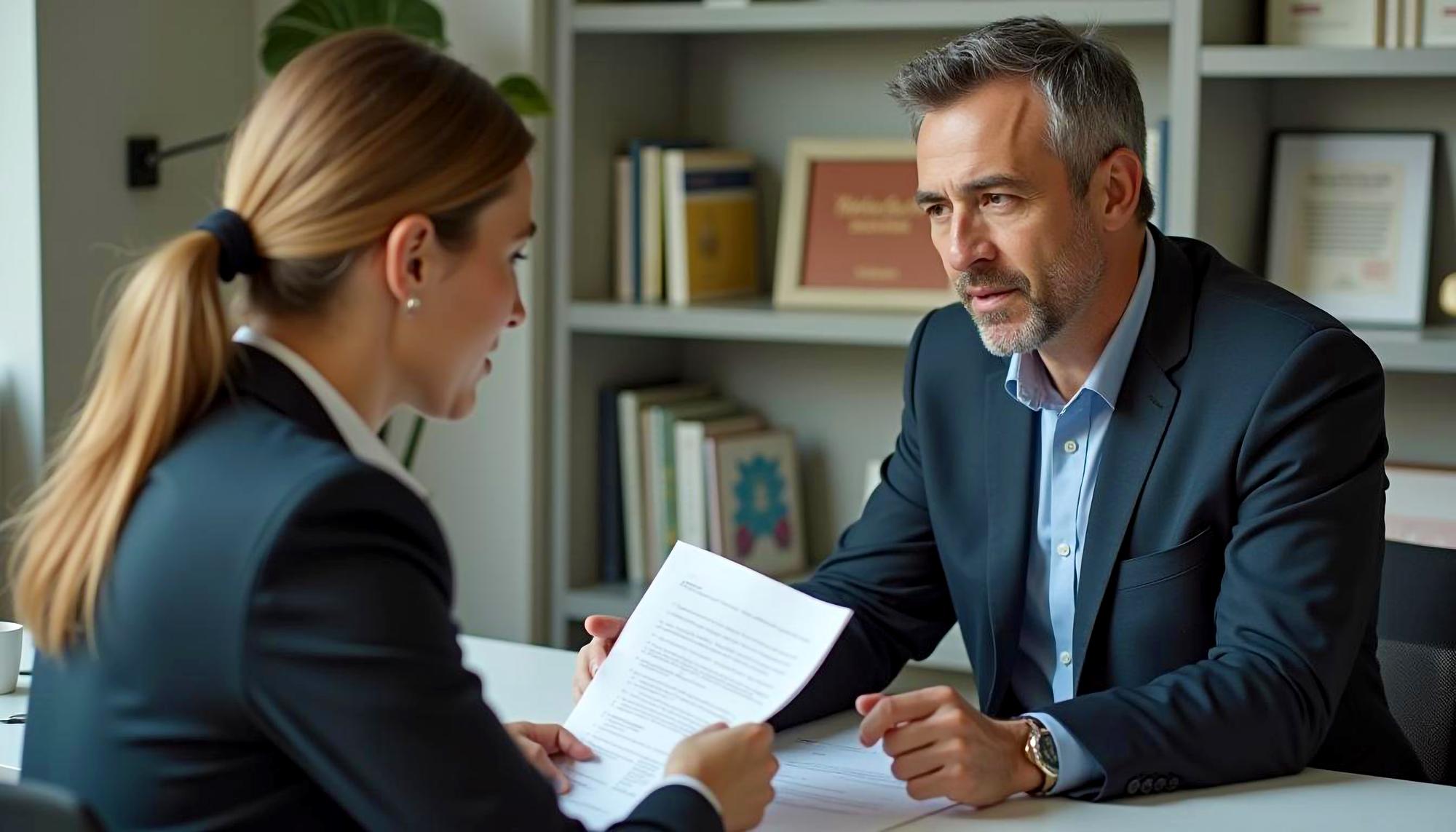 Two professionals reviewing insurance claim documents in a law office