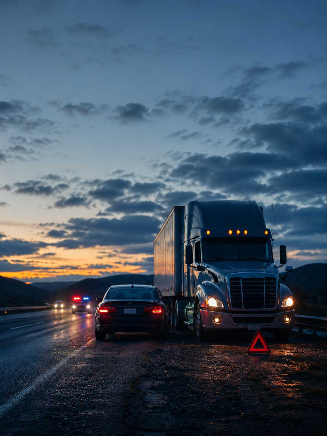 Roseville truck accident lawyers Gingery Hammer & Associates — semi-truck and car collision on a highway at dusk