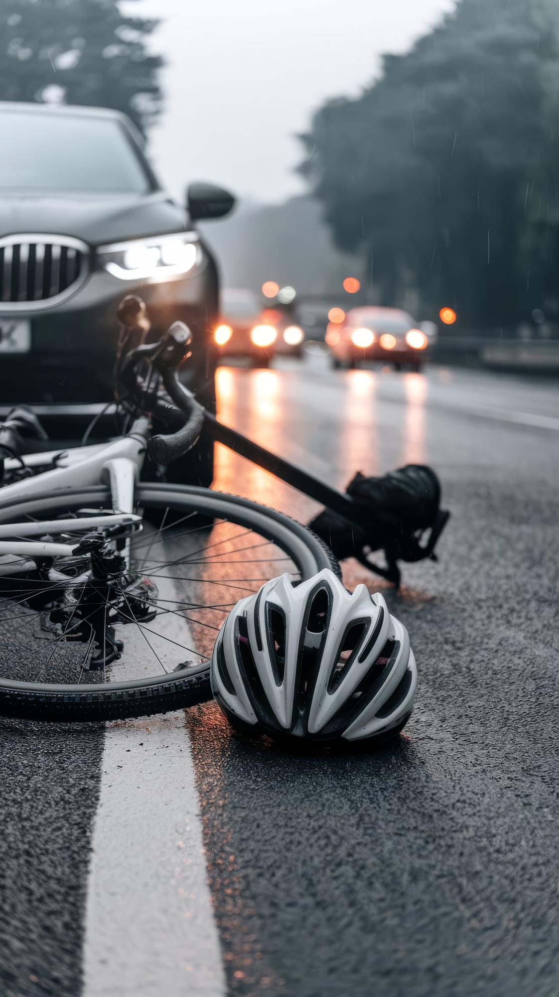 Roseville bicycle accident lawyers Gingery Hammer & Associates — helmet and bicycle on the road after a car struck a cyclist