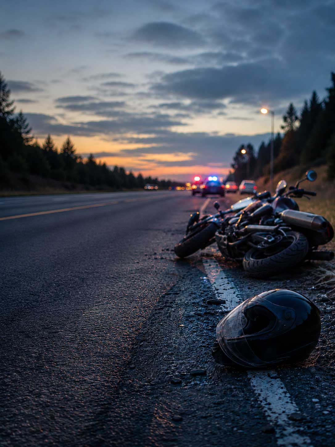 Roseville motorcycle accident lawyers Gingery Hammer & Associates — motorcycle and helmet down on a highway shoulder at dusk