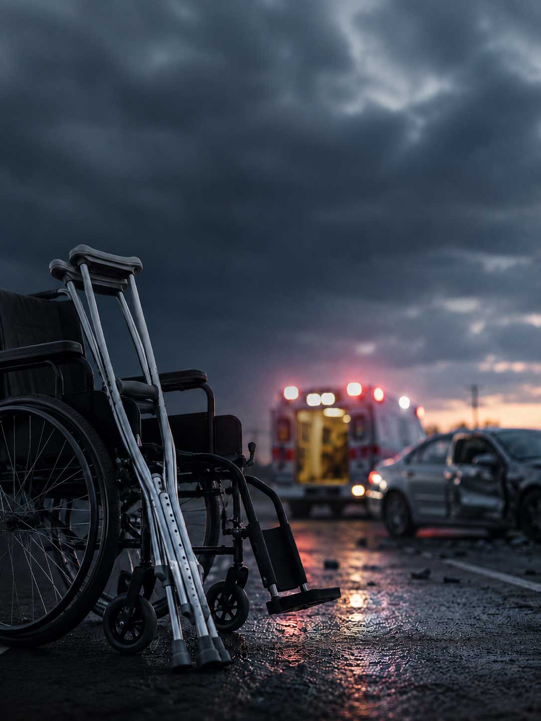 Roseville catastrophic injury lawyers Gingery Hammer & Associates — wheelchair and crutches at a crash scene with an ambulance