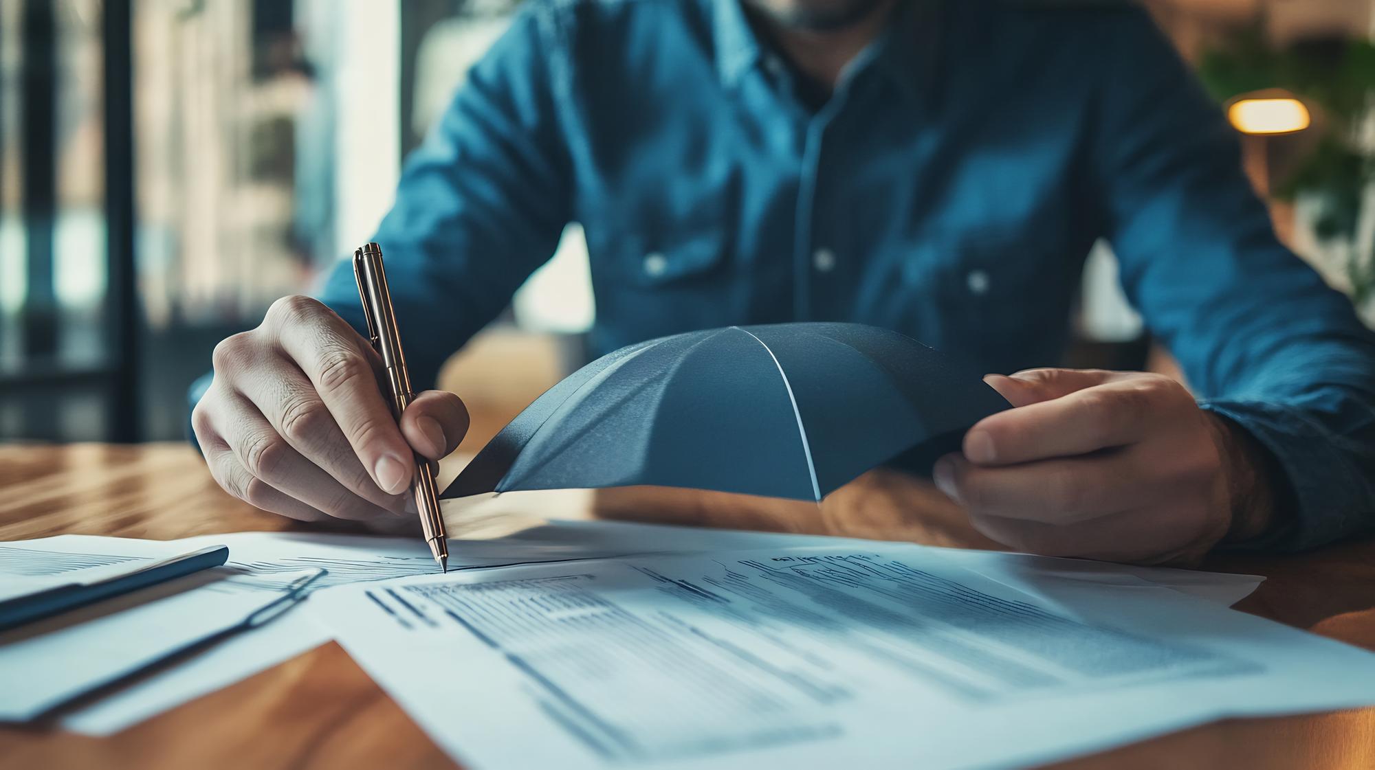 Close-up of insurance policy paperwork being reviewed and signed