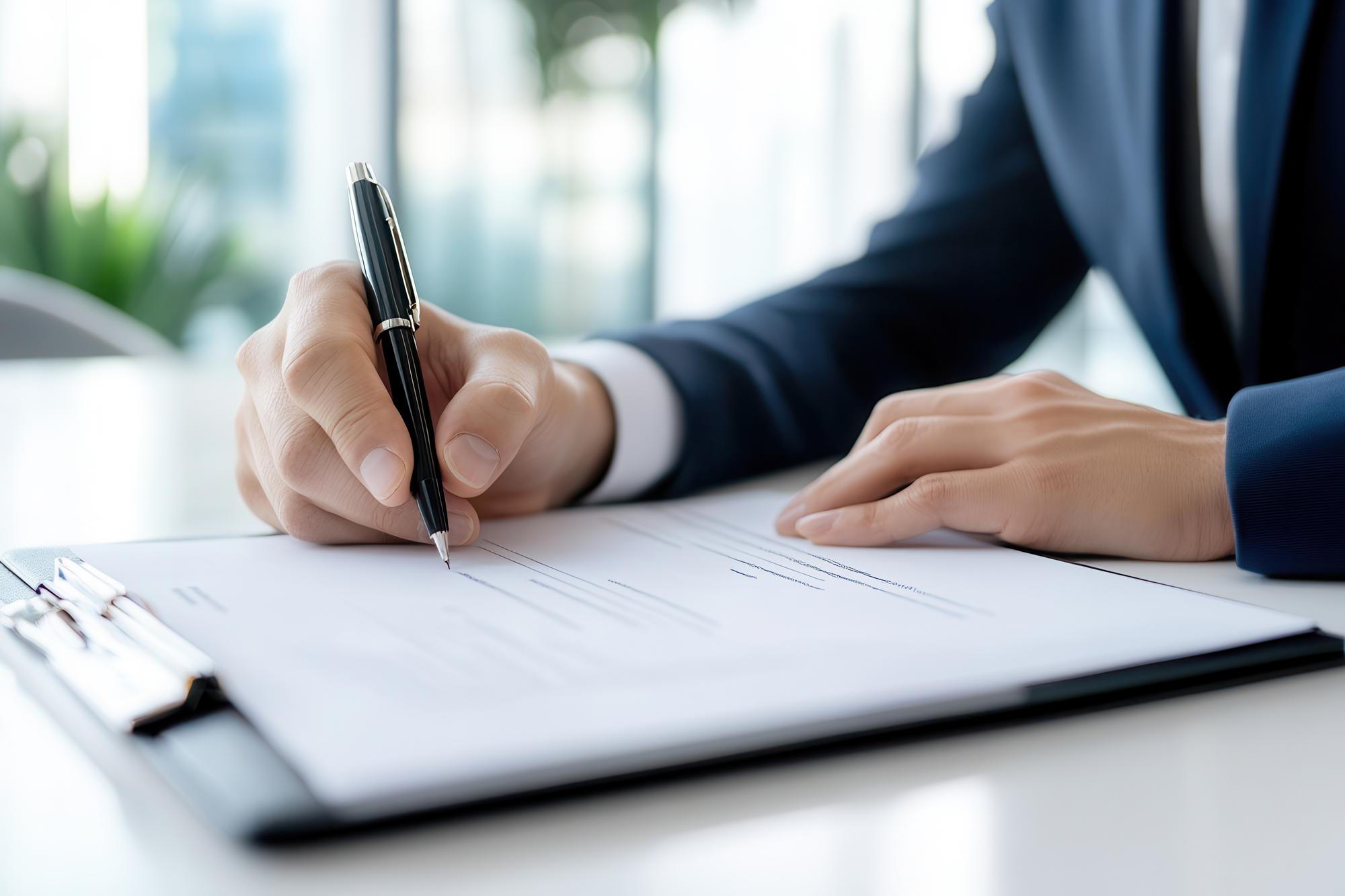 Close-up of hands reviewing and signing insurance claim paperwork