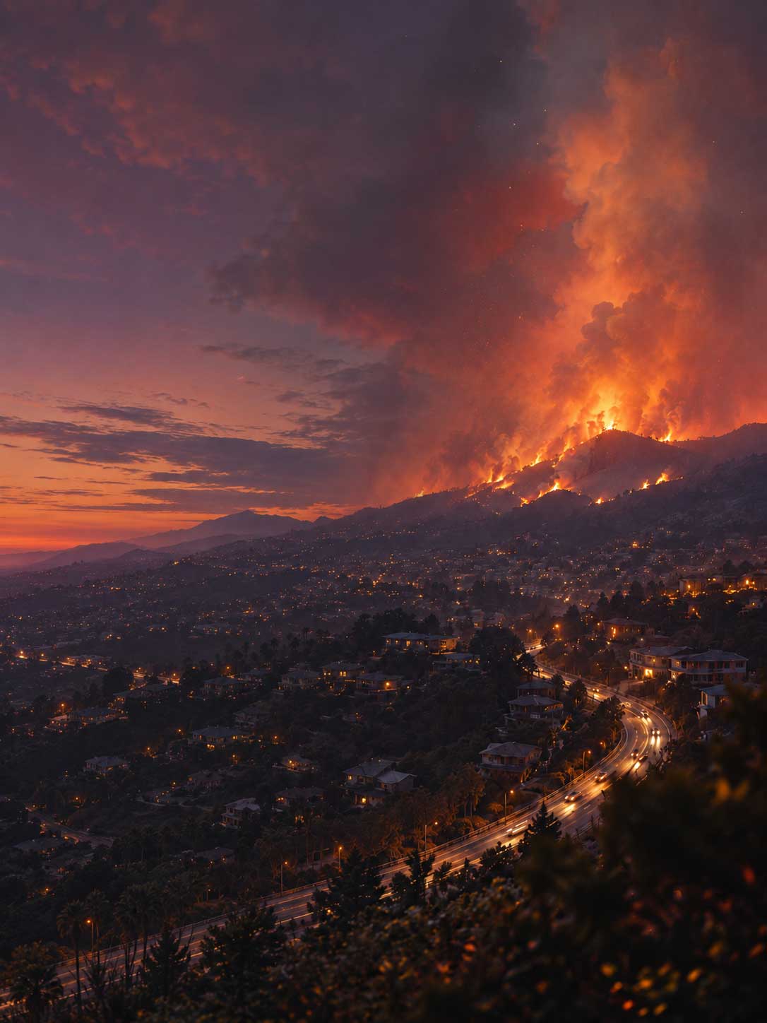 Roseville wildfire lawsuit lawyers Gingery Hammer & Associates — California wildfire burning above a hillside neighborhood
