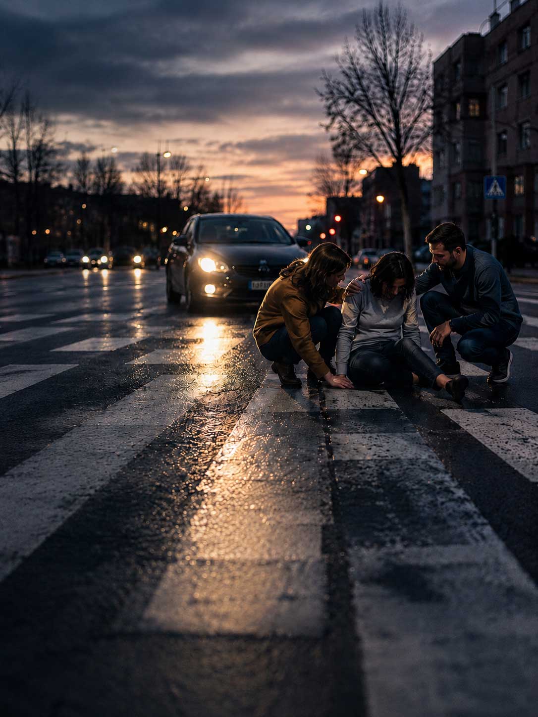 Roseville pedestrian accident lawyers Gingery Hammer & Associates — injured pedestrian aided in a crosswalk at dusk