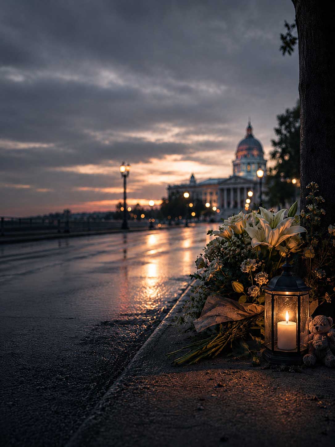 Roseville wrongful death lawyers Gingery Hammer & Associates — memorial candle and flowers near the California Capitol at dusk