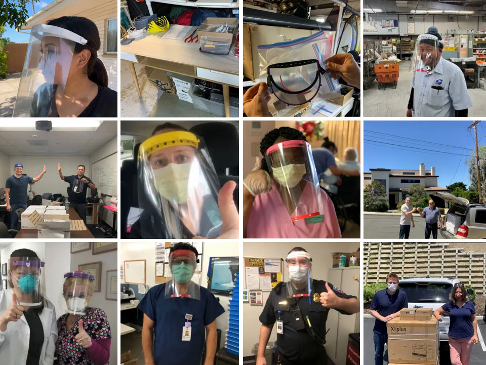 Photo grid of law firm staff assembling face shields during the COVID-19 response
