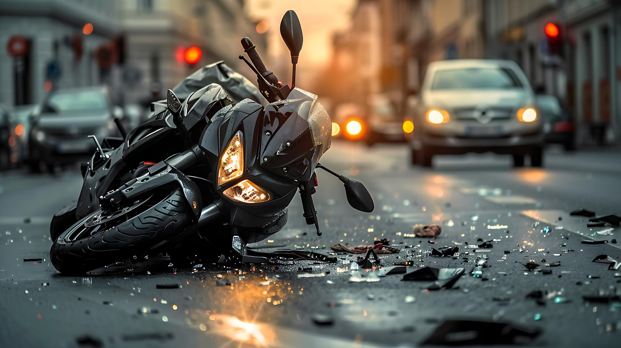 Roseville motorcycle accident lawyers Gingery Hammer & Associates — motorcycle and helmet down on a highway shoulder at dusk