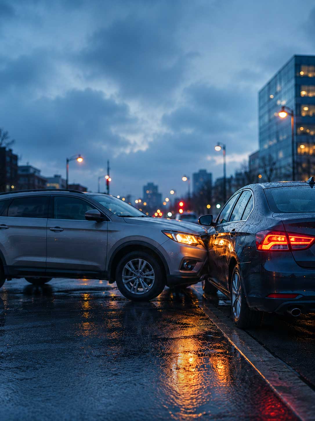 Roseville car accident lawyers Gingery Hammer & Associates — two-vehicle collision on a wet city street