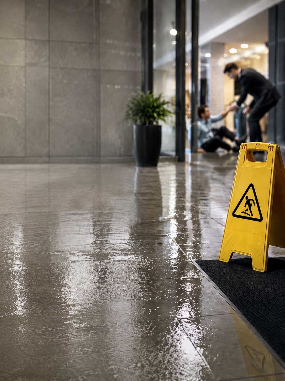 Roseville premises liability lawyers Gingery Hammer & Associates — wet floor sign where a person slipped and fell in a lobby