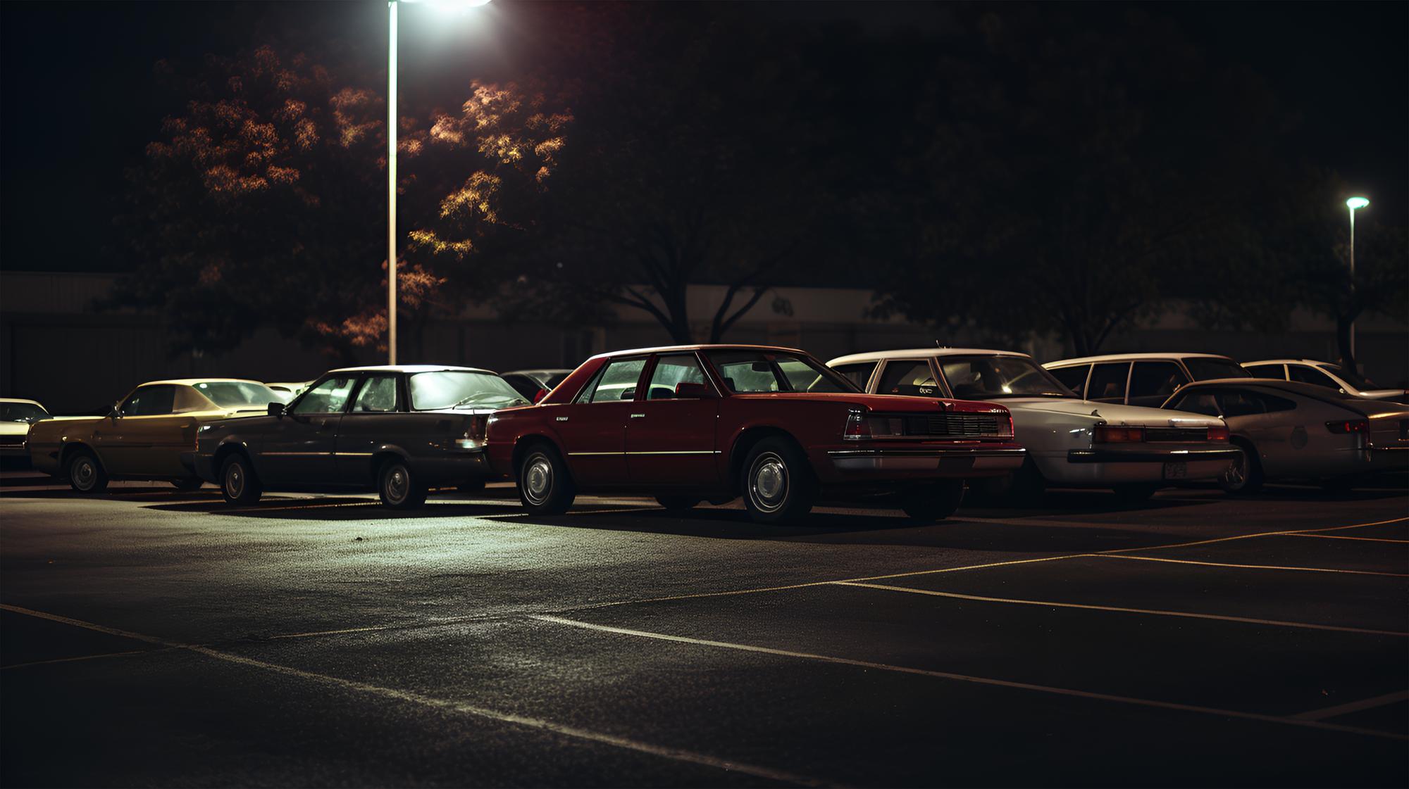 Dimly lit parking lot at night in Sacramento, California