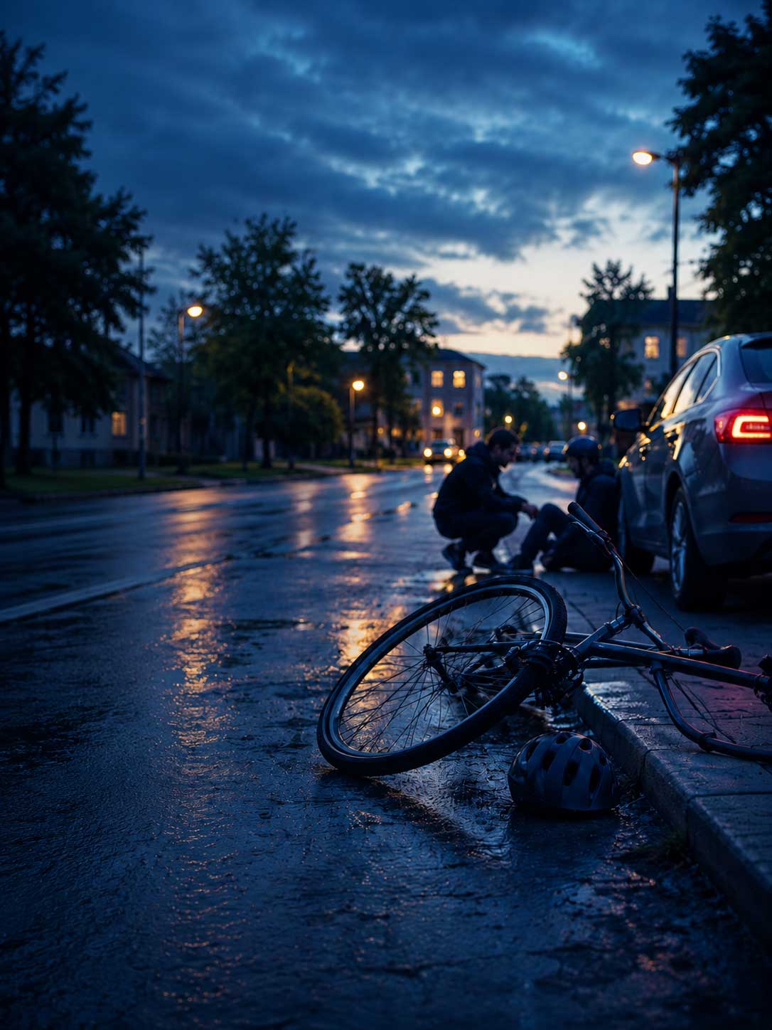 Roseville bicycle accident lawyers Gingery Hammer & Associates — bicycle down on a rainy street after a collision
